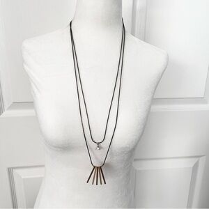 Double strand metallic drop dangle bar multi media necklace